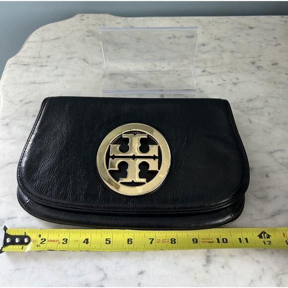 Tory Burch Reva Black Leather Purse Detachable Gold Chain Strap Crossbody Clutch - Picture 4 of 16